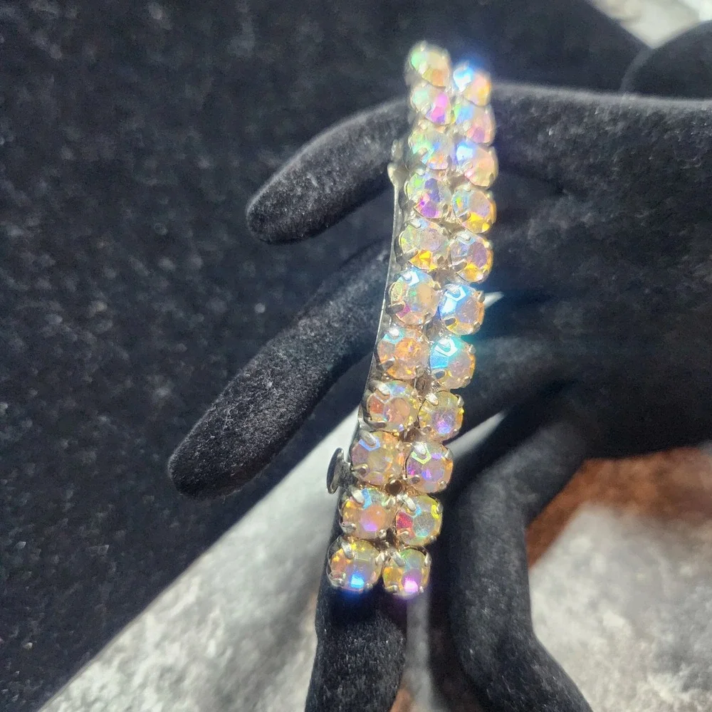 Vintage Aurora Borealis AB Rhinestone Hair Barrette Silver Tone French Clip